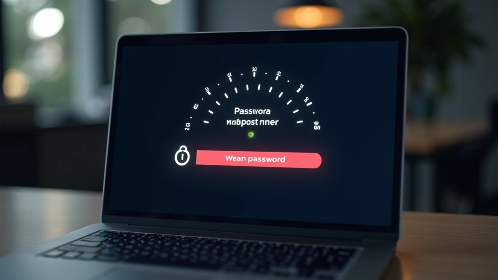 Pantalla de computadora mostrando advertencia de contraseña débil con icono de riesgo