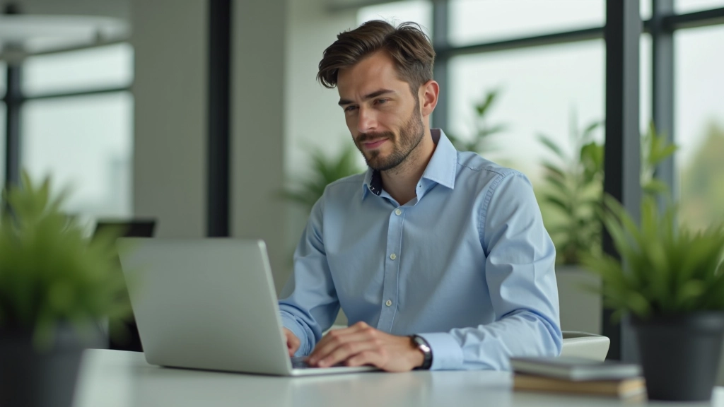 Profesional usando laptop seguro con conexión VPN encriptada en escritorio de oficina moderna