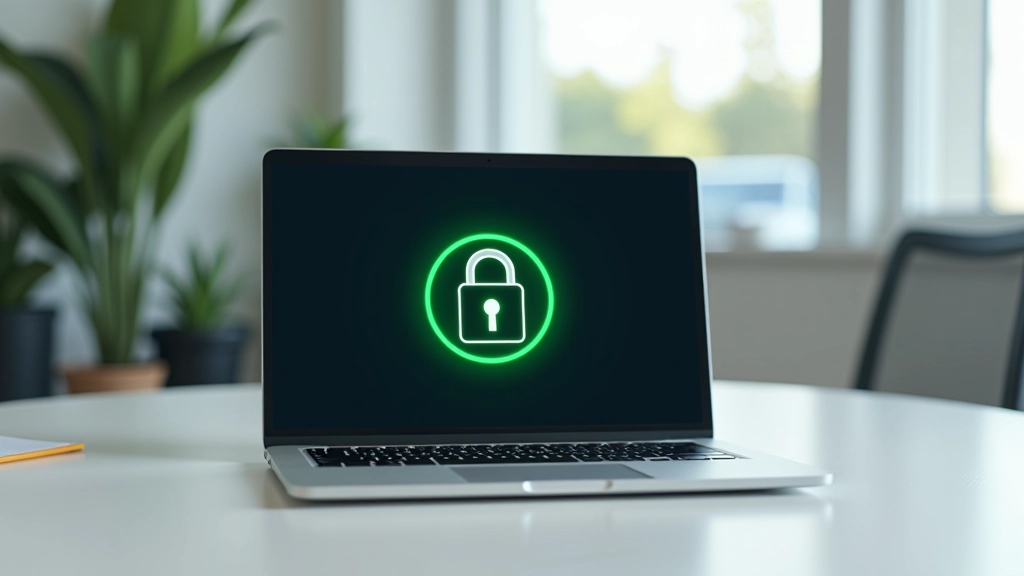 Pantalla de ordenador mostrando candado de seguridad verde y conexión VPN protegida
