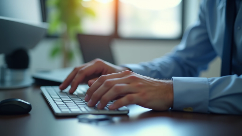 Mano escribiendo contraseña segura en teclado con fondo borroso de oficina