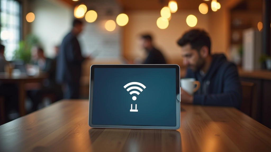 Tableta mostrando conexión WiFi pública en cafetería con personas trabajando de fondo