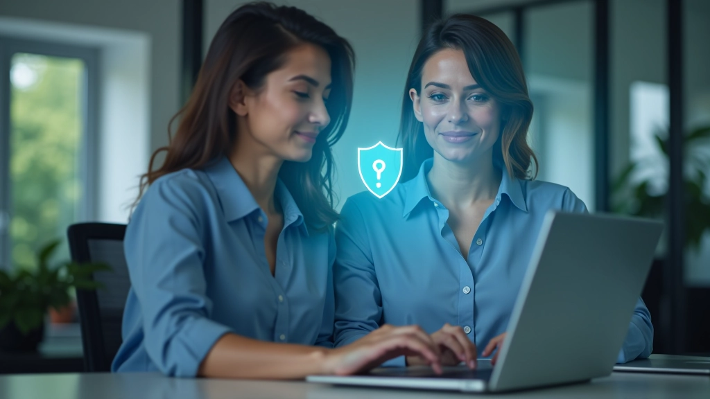 Persona trabajando en laptop con escudo de seguridad digital, representando protección de datos