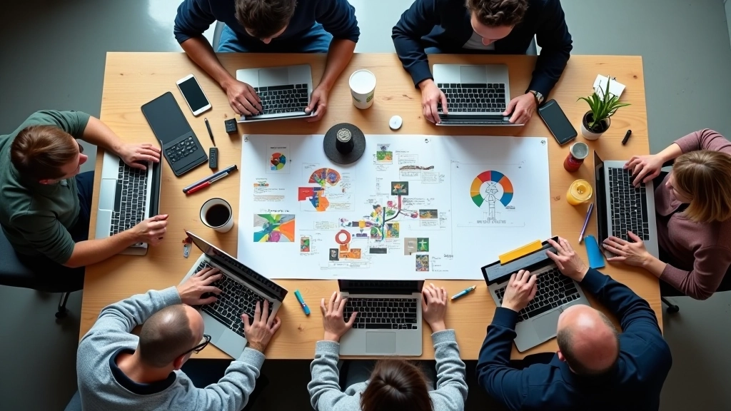 Equipo de diseño colaborando alrededor de una mesa de trabajo con múltiples dispositivos y prototipos