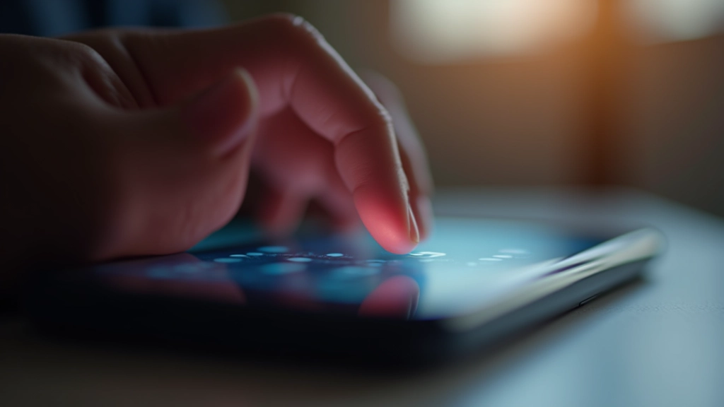 Mano presionando botón en pantalla táctil con ondas de luz expandiéndose
