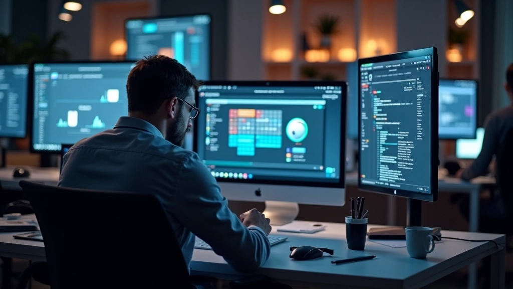 Estudio moderno de diseño de animaciones con múltiples monitores mostrando interfaces en movimiento
